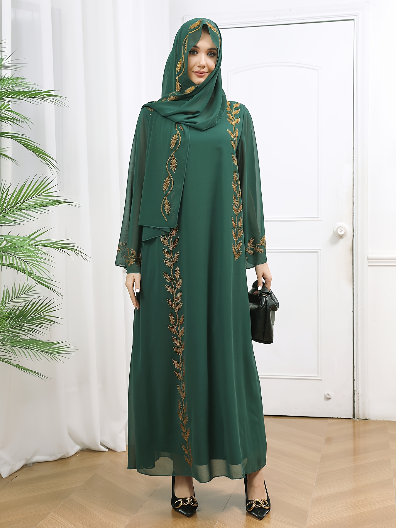 white christmas dresses Elegant Dark Green V-Neck Embellished Eid Dress with Rhinestone & Beaded  Detailing main image 0