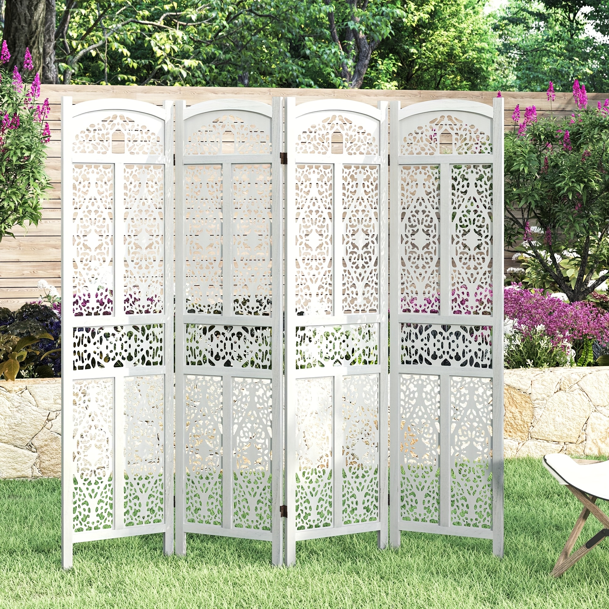 Handmade 4 or 6 Panel Floral Carved Wood Room Divider Screen - Freestanding Folding Privacy Partition with Burning Walnut & White Finish, Ornate Lattice Design, Lightweight Portable for Home Office Hotel Decor, Space-Saving Decorative Partition