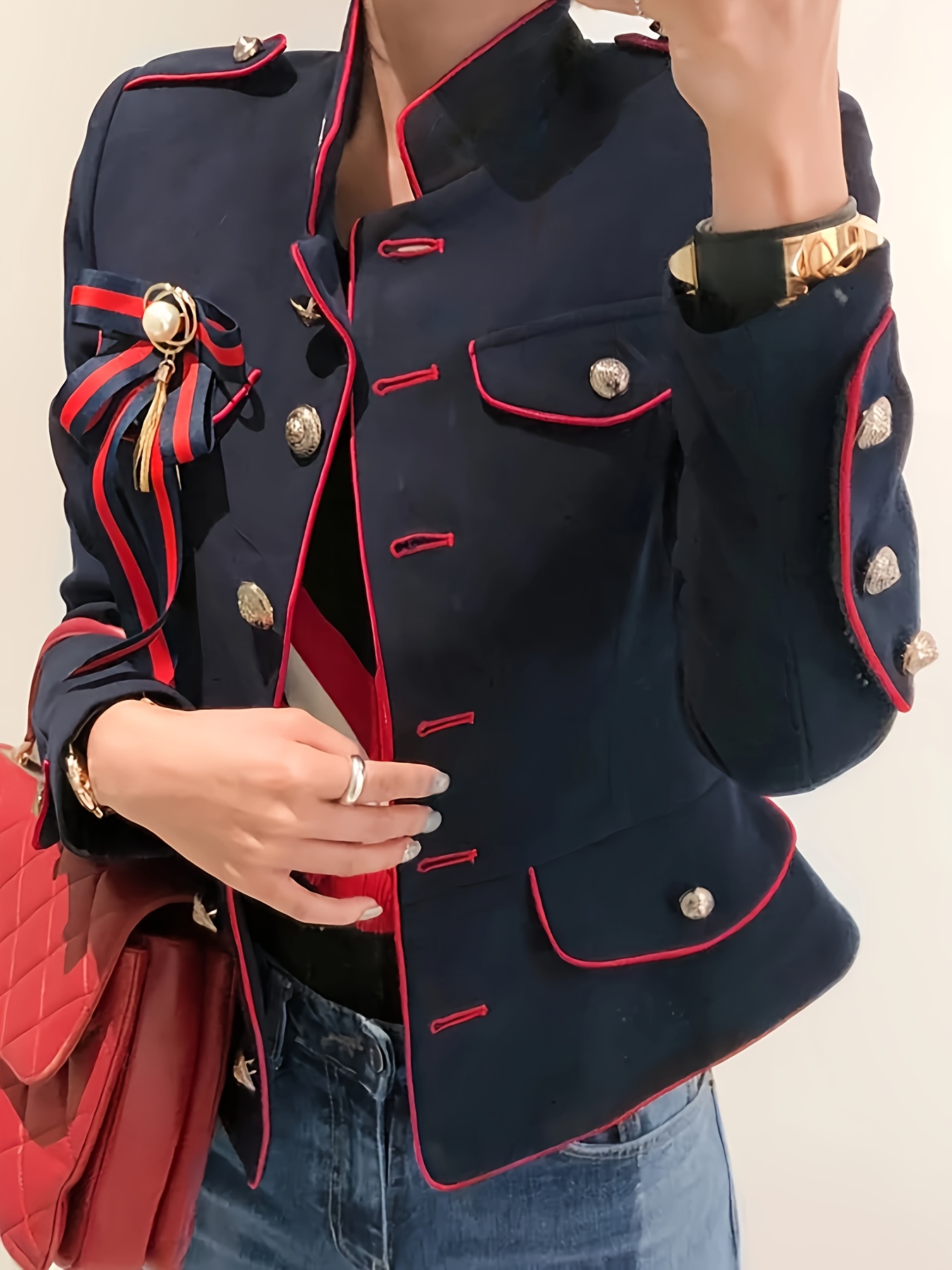 elegant womens short jacket decorative ribbon button details