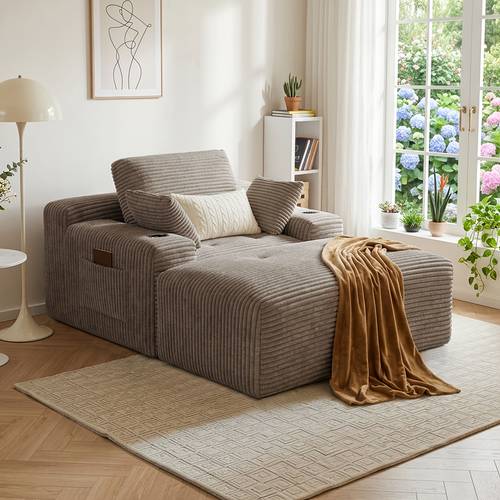 67 Indoor Chaise Lounge Chair, Oversized Boneless Single Sleeper Couch Bed, Corduroy Cloud Sofa with 3 Soft Pillows for Living Room, Bedroom, No Assembly