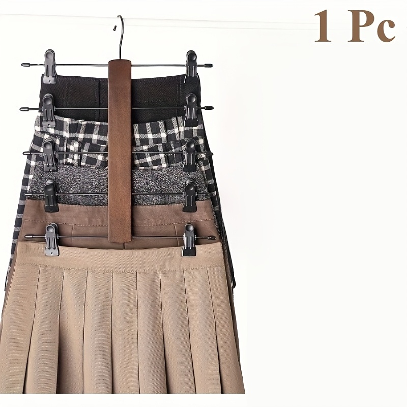 Image of 1pc 5-tier Pants Hanger Space Skirt Hanger With Adjustable Clips, Wood Rubber Coated Clips Clothes Hanger For Shorts Trouser Jeans Organize 360 Swivel Multiple Closet Storage Hanger