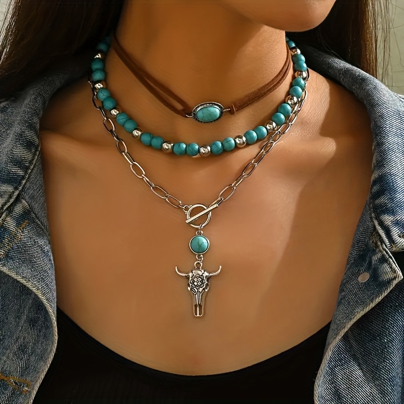 E-shop Drei Vintage Bohemian OT-Ketten, Stierkopf-Kappe, Perlenkette, Western-Cowboy-Ethno-Stil Damenmode Anhänger Halskette