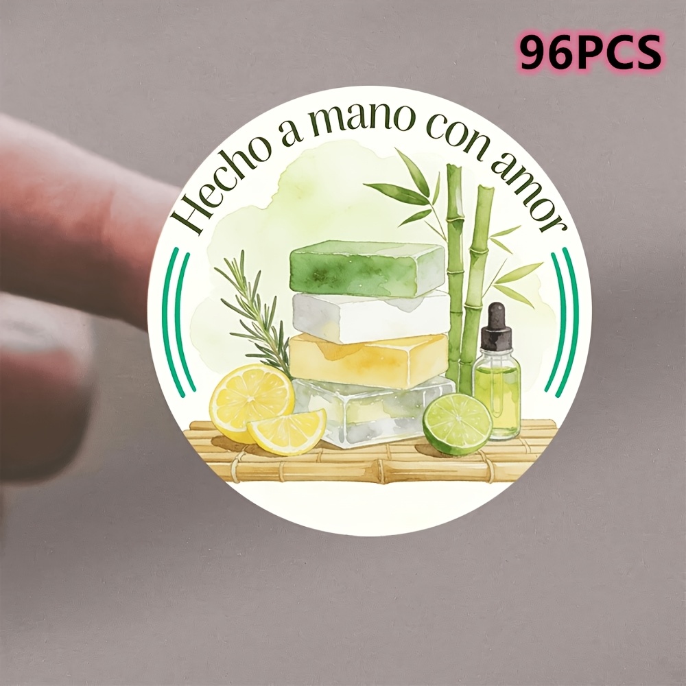TEMU 96 pegatinas redondas hechas a para embalaje - Texto en español " a ", etiquetas de jabón de agua y lima y bambú, de bambú para decoración de