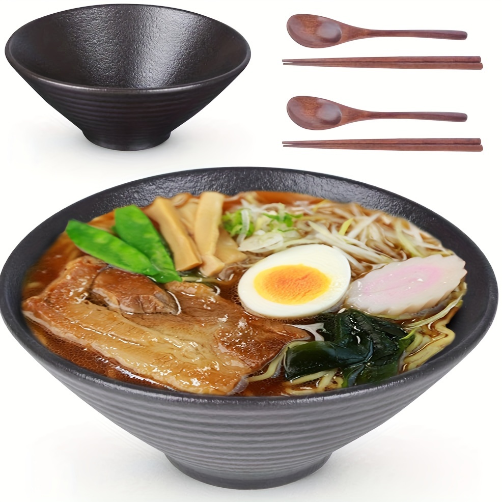 TEMU Black Ceramic Bowls, Set Of 2 - 60 Oz, Large Soup With Chopsticks And Spoon For Asian Style And Noodles Dinner/restaurant/kitchen