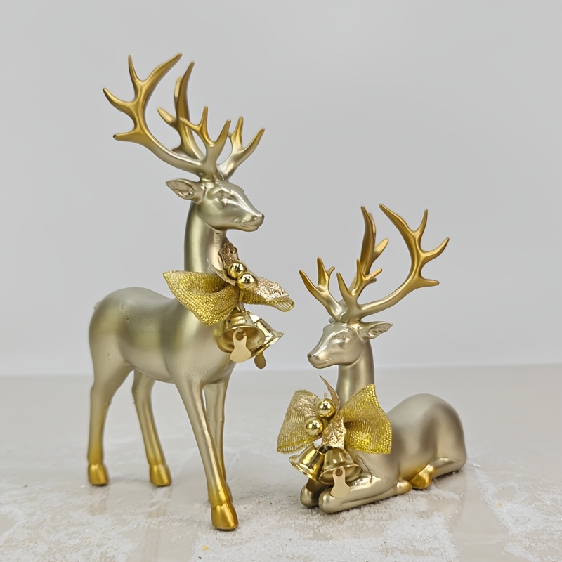 TEMU Collectible Figurines, Set Of 2 Luxurious Gold-plated Christmas Reindeer Statues – Ideal For Room Decor, Excellent For Cabinet Display, Festive
