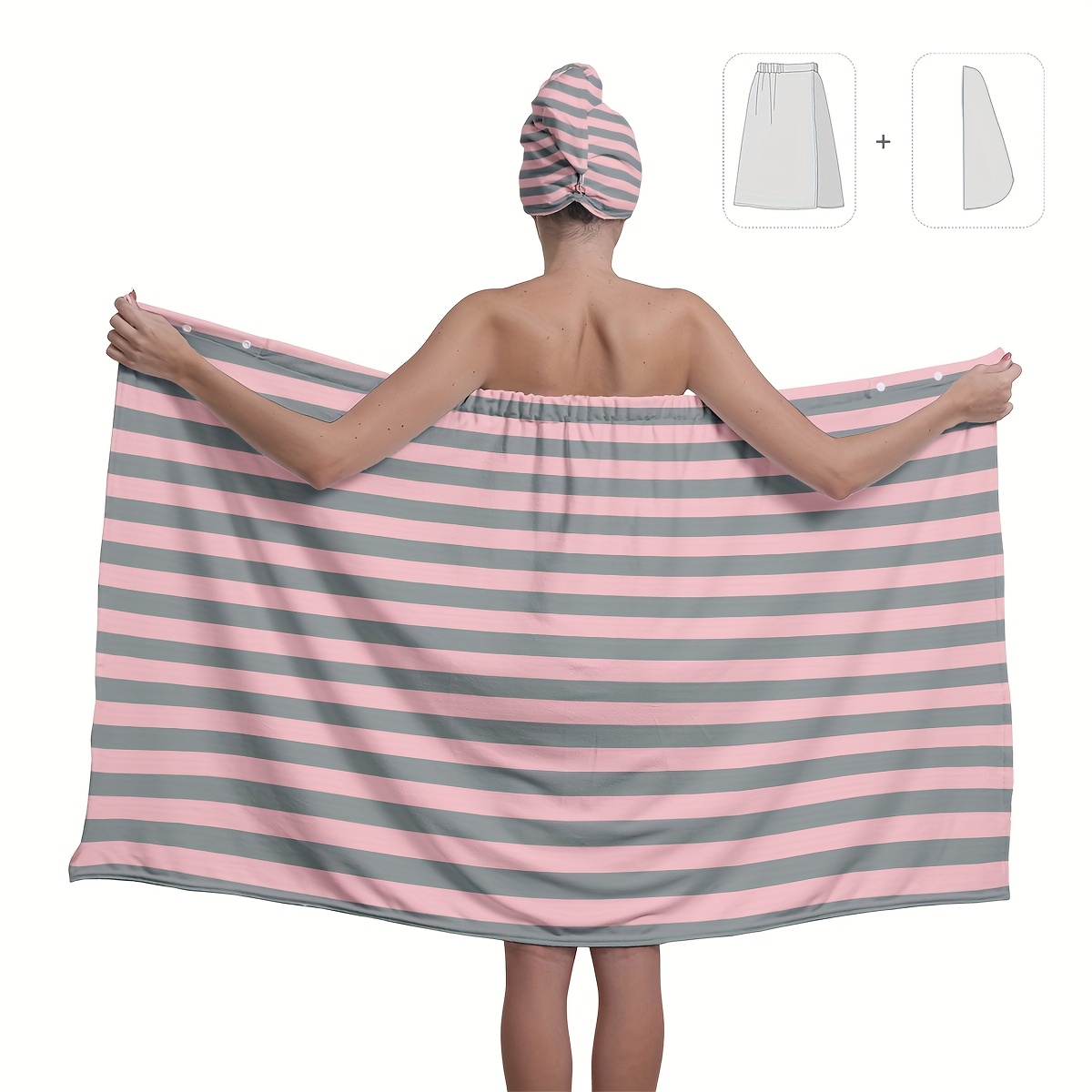 Image of 2pcs Soft Absorbent Striped Bath Towel Set - 1 Cover-up Bath Skirt + Absorbent Dry Hair Towel, Suitable For Bathroom And Home Skin-friendly Bath Towel Set Gift, Wash Cloths