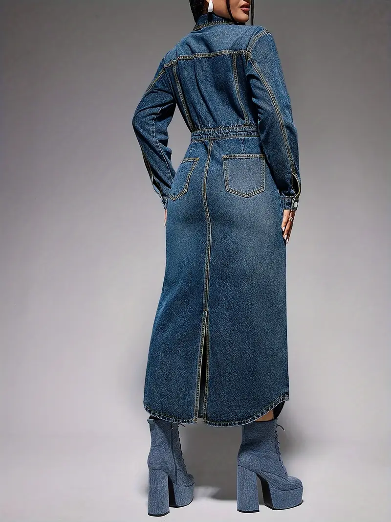 womens straight fit long sleeve denim dress elegant casual womens clothing denim details 0