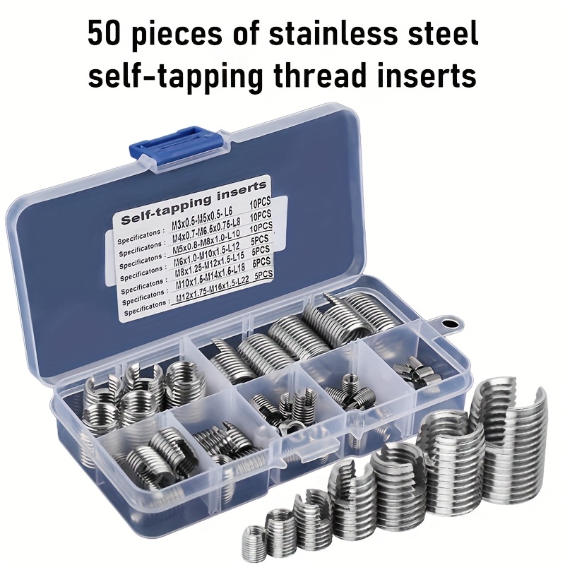 50pcs Quick Thread Inserts M3 M4 M5 M6 M8 M10 M12 302 Slotted Threaded Self-tapping Thread Insert Sleeve One-piece Threaded Inserts Thread Reinforcement Repair Tool Kit Thread Insert Repair Set