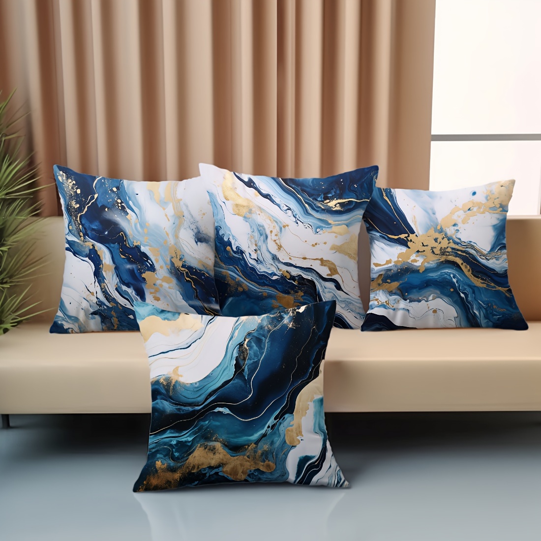 

4pcs/set Blue Marble Textured Peach Skin Velvet Throw Pillow Cover Home Decoration Pillow Cover Sofa Throw Pillow Cover 45*45cm (without Pillow Core)