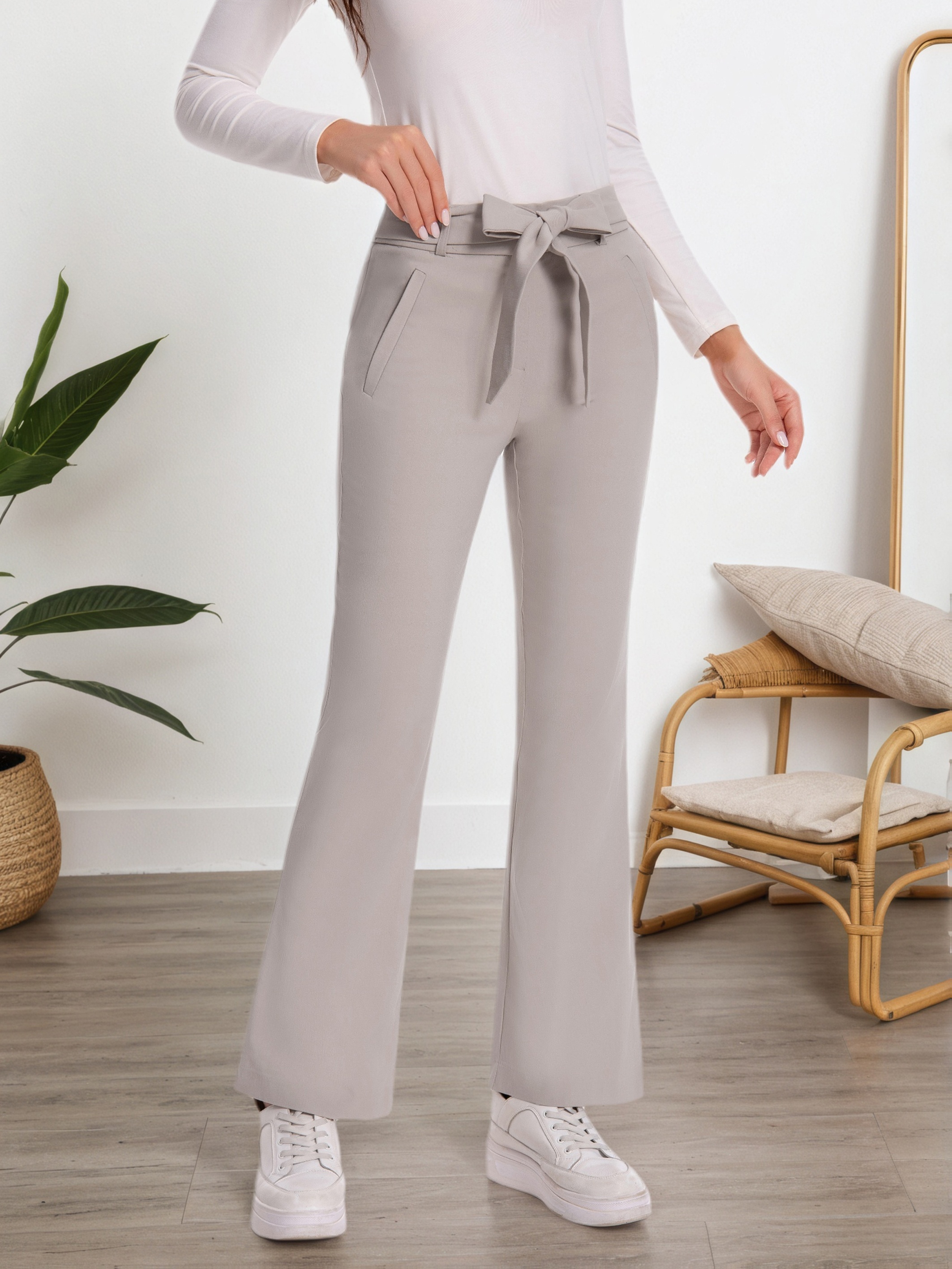 Elegant Plaid Flare Trousers for Women Featuring a High Waist And Tie Belt, Designed for a Slim Fit with Pockets, Perfect for Office Wear