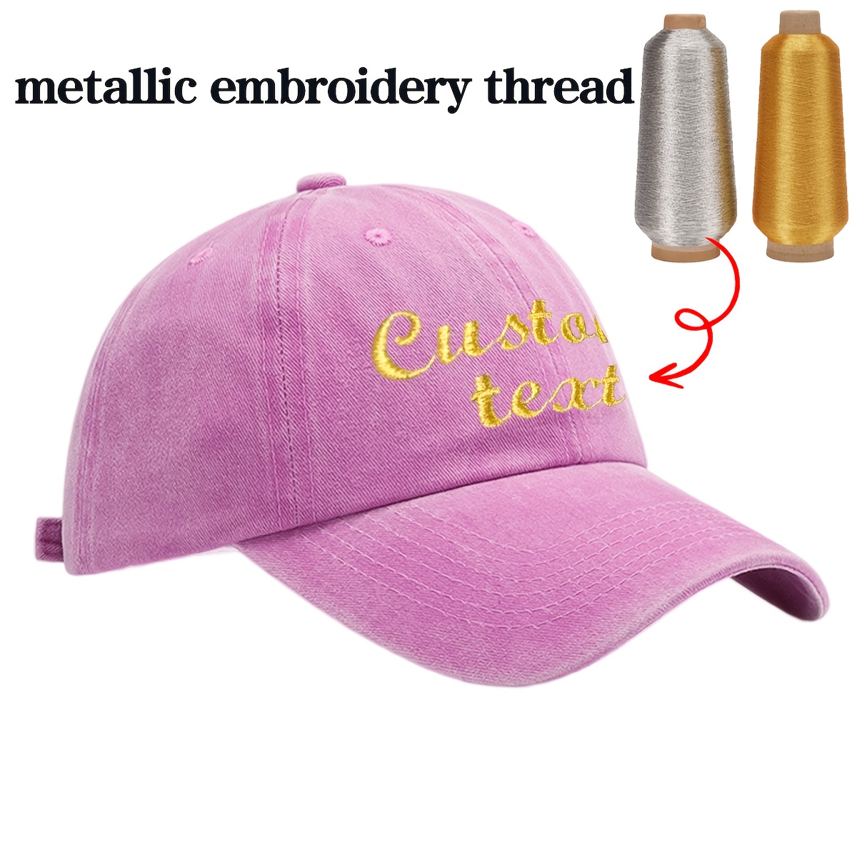 Custom Baseball Cap with Embroidery, Personalized Text in Metallic Thread