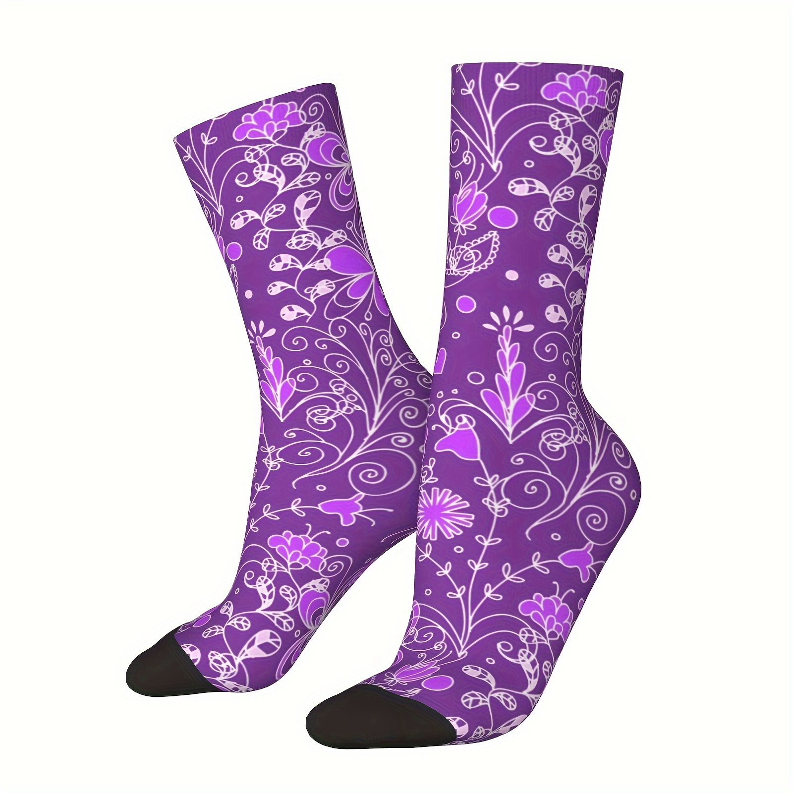 

1 Pair Of Unisex Vintage Style Novelty Purple Floral Pattern Crew Socks, Trendy 3d Digital Printed Men Women Socks, Crazy Funny Socks For Gifts