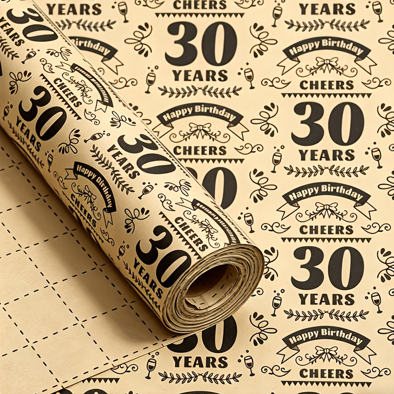 Image of 1 Roll Elegant 30th Birthday Wrapping Paper - Chic Beige With Golden & , "30 Years" Text, Floral Patterns, Perfect For Party Decorations, 17 Inch X /10m/15m, Birthday Party Decorations