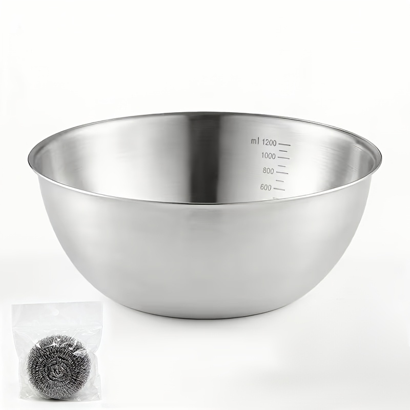 TEMU Stainless Steel Salad Bowl 2pcs Set, Includes 1 X 1200ml Salad Bowl And 1 X 16g Steel Wire Ball, Household Cooking Bowl With Measurement Marks,