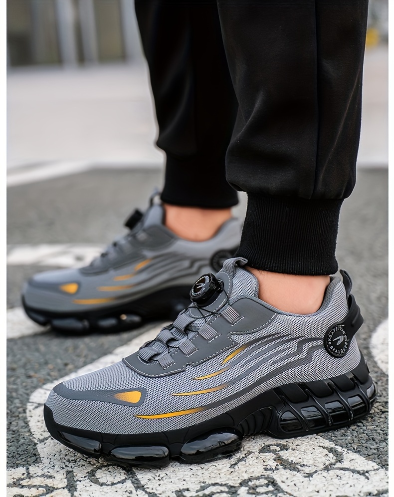 Men's Anti-Smashing Anti-Puncture Safety Work Shoes - Breathable Lace-Free Elastic Closure, Soft PU Sole with Metal Toe Cap, Retro Striped Design for Hiking, Outdoor & Daily Wear, Hiking Boots