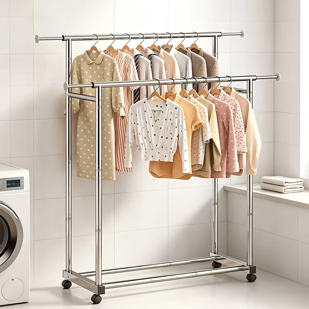 TEMU 1pc Adjustable Double Rods Clothes Rack, Rolling Clothing Rack For Hanging Clothes Portable Wardrobe Rack, Stainless Steel Garment Rack Sturdy