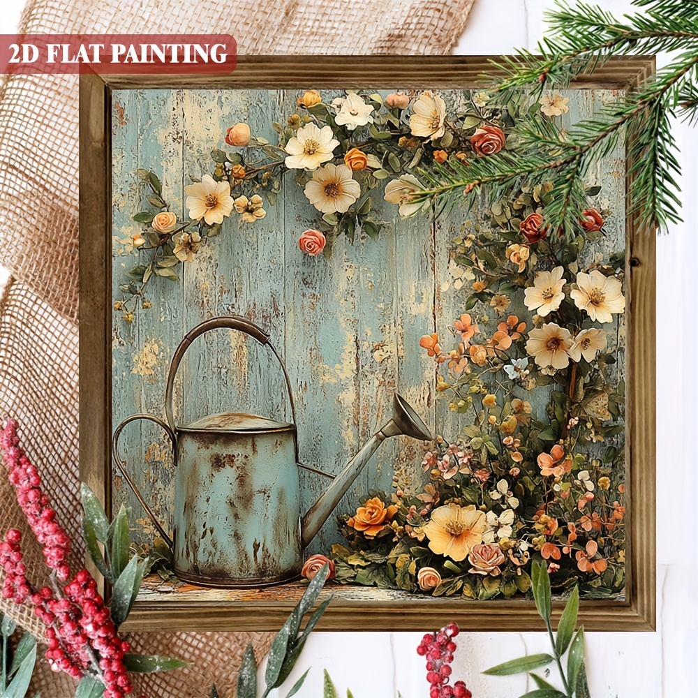 TEMU 2d Flat, 1pc Rustic Farmhouse Wood Framed Wall Art Sign - Vintage Turquoise Watering Can, Peonies & Gardening Tools With Frame, 8x8 Inch