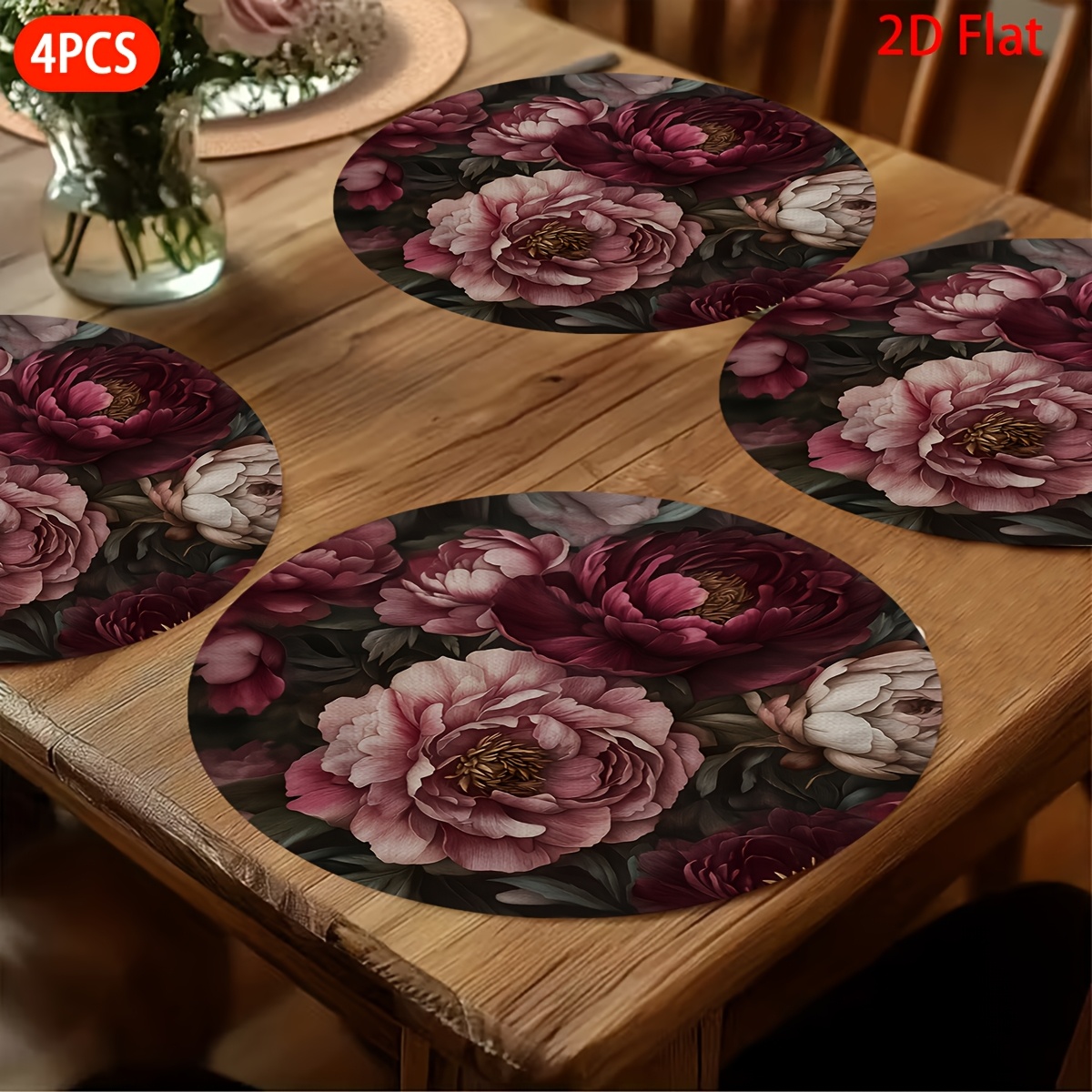 TEMU 2D Flach, 4-teiliges Tischsets, Pfingstrosen-Bouquet, Tischsets mit Muster, tolle Geschenke für Weihnachten, Ostern, Valentinstag und Halloween,