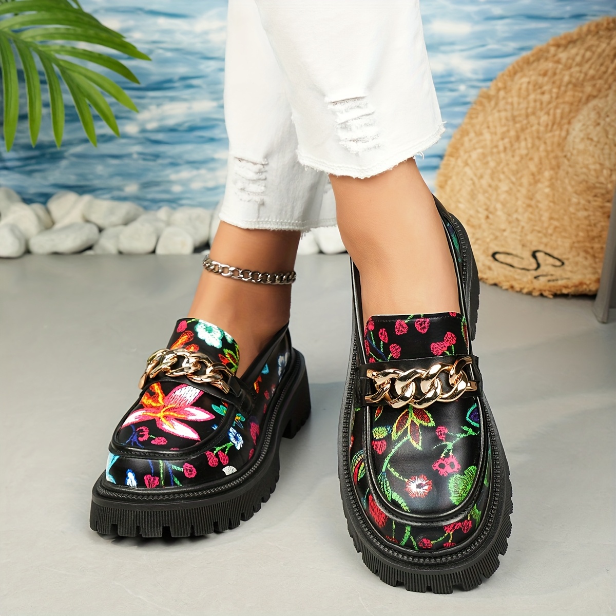 sapatos de mulher com estampado floral elegante - design   de loafer penny com sola grossa, parte   de   sintética e sola de borracha, sapatos confortáveis para   as  , calçado casual | design de estampado floral | calçado durável