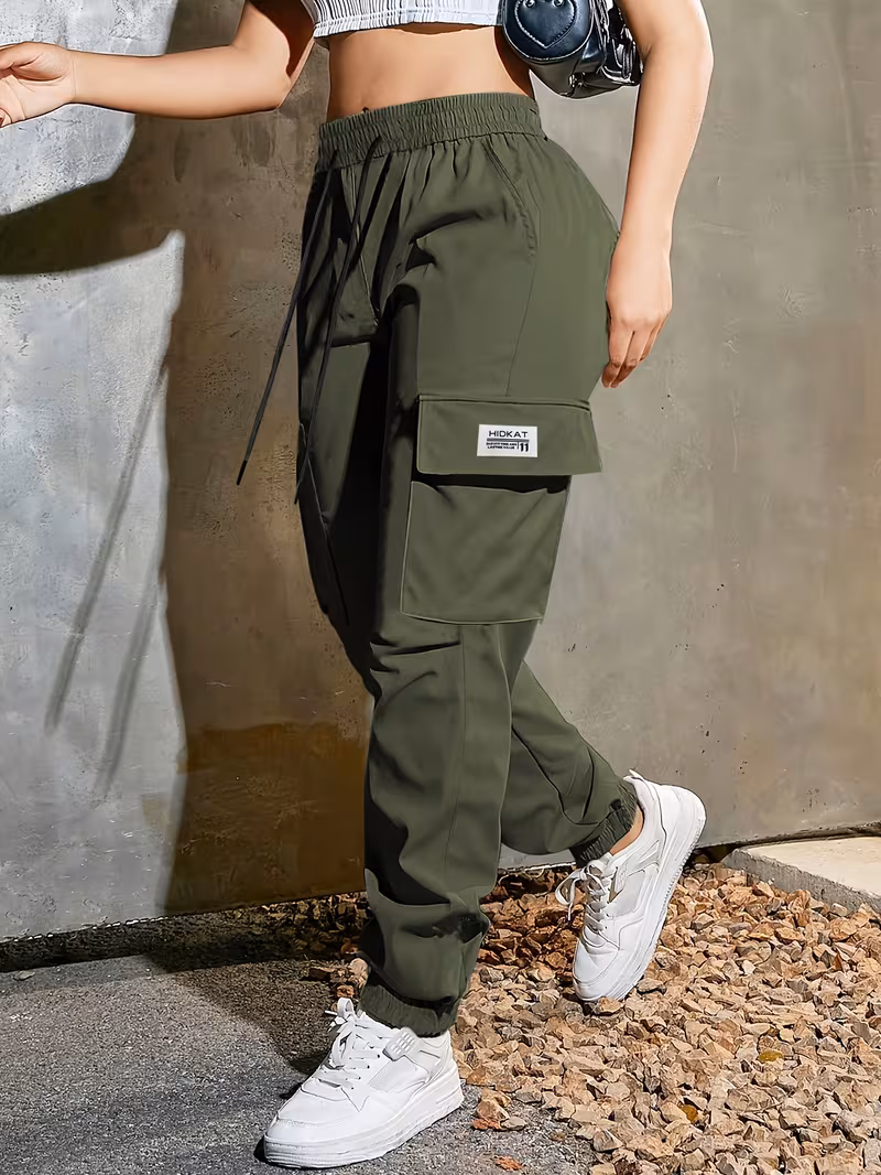 womens fashion casual trendy solid color drawstring waist cargo pants with large pockets suitable for sports streetwear and casual attire Product details 7
