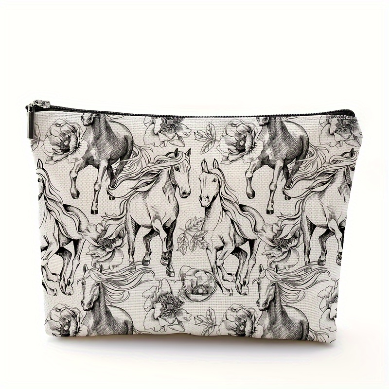 

Women's Polyester Cosmetic Bag With Horse Print, Non-waterproof Zippered Toiletry Pouch, Unscented Makeup Organizer For Accessories And Stationery - Ideal Birthday Gift (1pc)