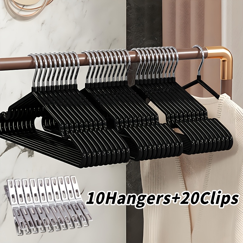 TEMU 30pcs (10 Hangers + 20 Clips) Heavy-duty Hangers, With Anti-slip Straps And Hook Attachments, Durable Metal Wardrobe Organizer, Suitable For
