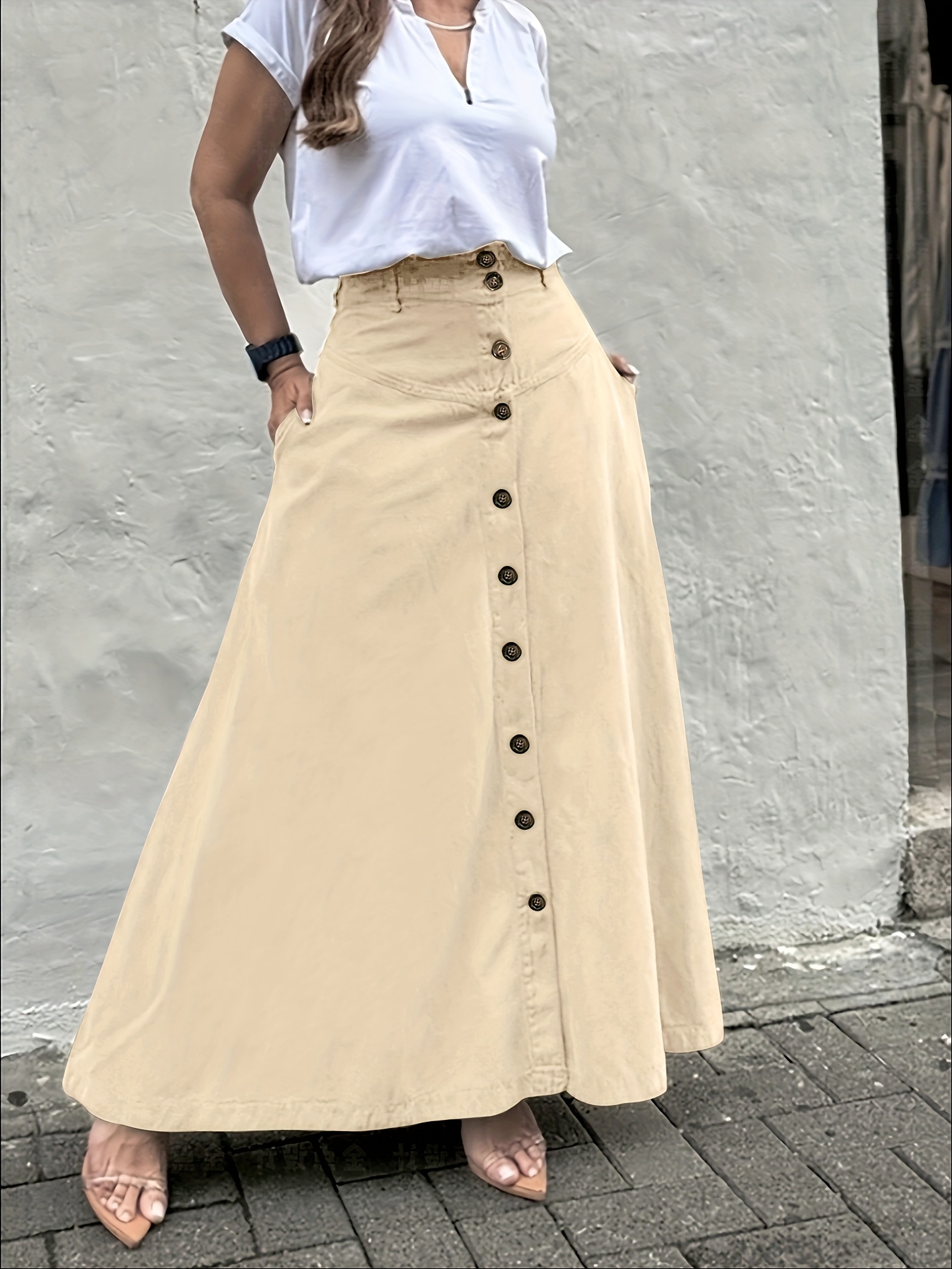 Women's Elegant Solid Color High Waist Mid-Long Skirt, Fashionable and Practical with Pockets and Button Front Slit A-line Skirt, Can be Worn in Spring, Summer, Autumn and Winter