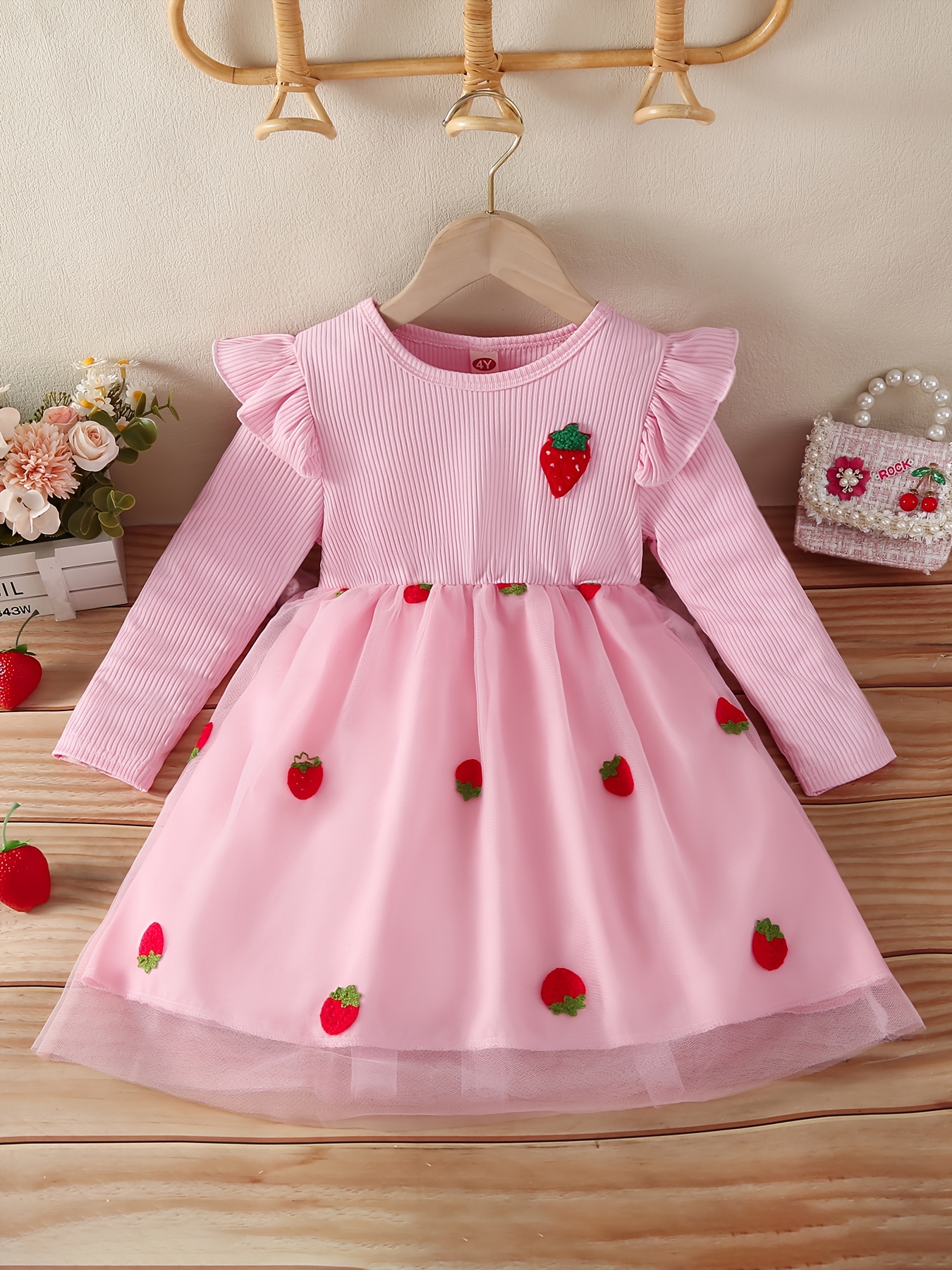 * Strawberry Tutu Dress for Girls - Cute & Comfy Long Sleeve Princess Dress  with Mesh Detail * Spring/Fall