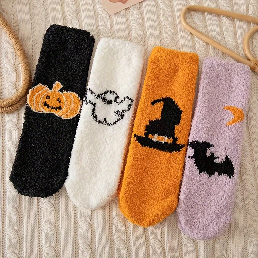 TEMU 4 Paar Halloween-Wadenhohe Socken, Herbst/Winter Feiertags-Modestrümpfe für Damen, niedliche warme lange Socken mit Kürbis- Fledermaus-Cartoon,
