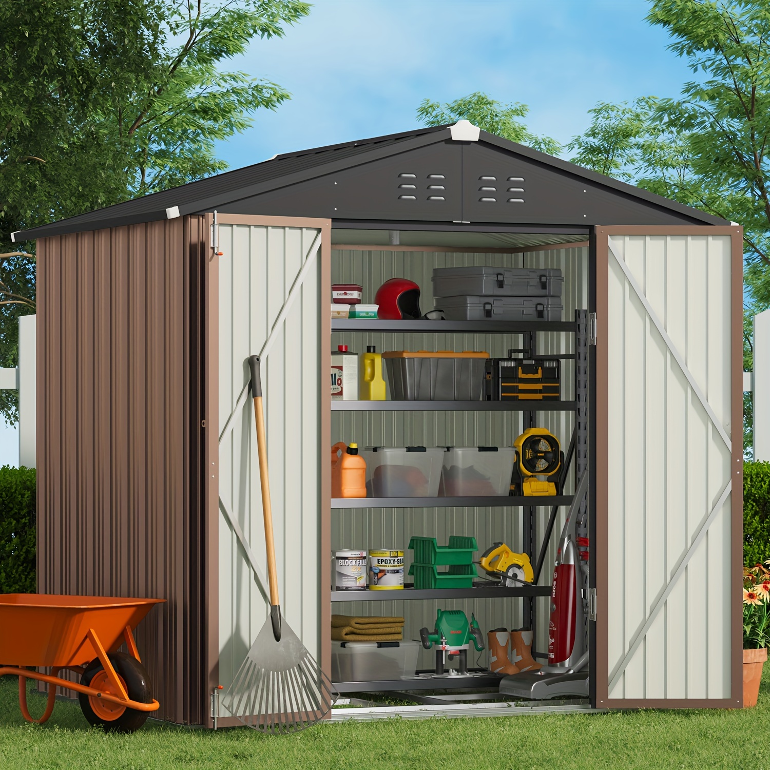 

8 X 6 Ft Outdoor Storage Shed With Metal Base Frame, Garden Metal Shed With Double Lockable Doors And Air Vents For Patio, Garden, Backyard, Lawn, Brown