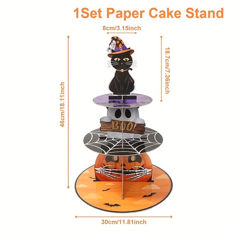 TEMU 1set, Paper Cupcake Holder(non-food Contact), Halloween Black Cat Pumpkin Cake Rack, 3 Tie Cupcake Display Rack, Halloween Decoration For Home,