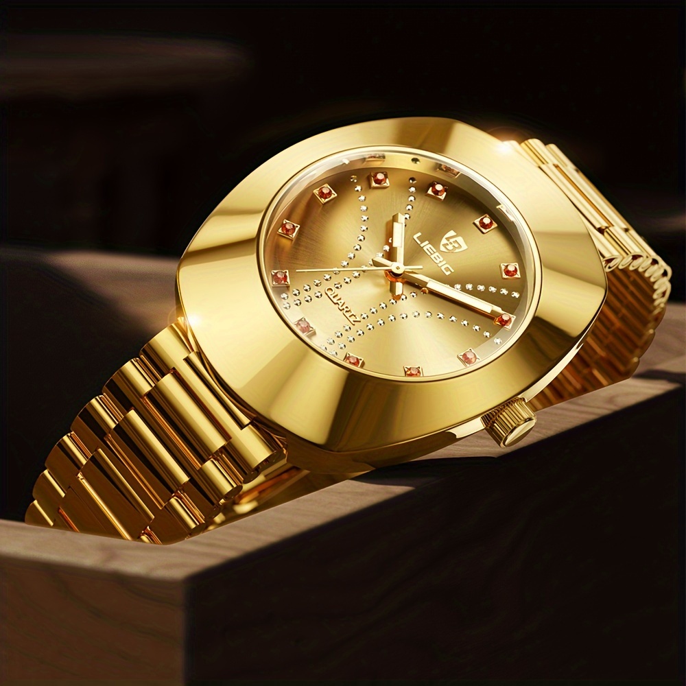 

Liebig Men Women Luxury Rhinestone Business Quartz Watch Waterproof Golden Fashion Analog Steel Band Couples Watch