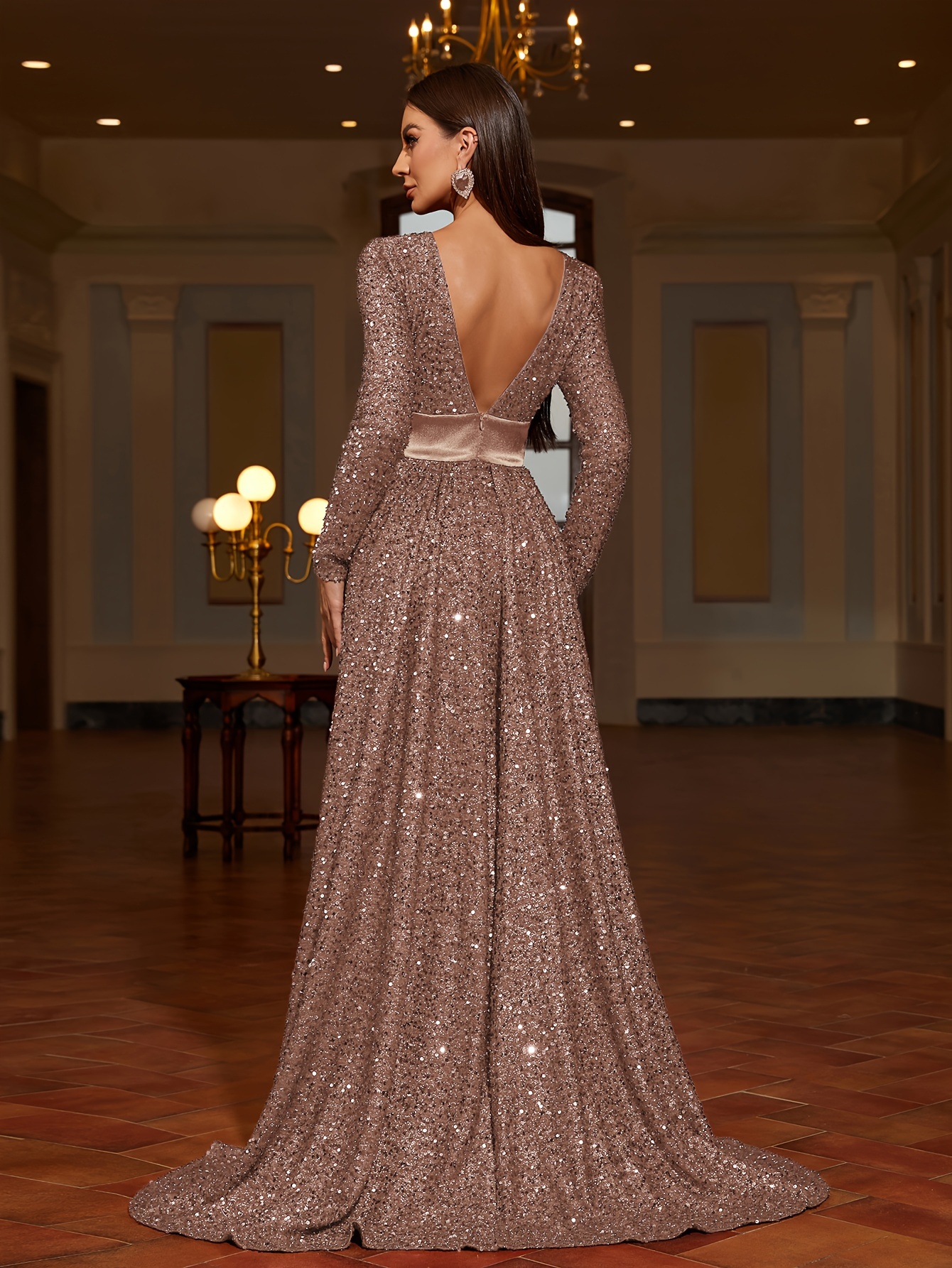 champagne plus size formal dresses Satin Bridesmaid V-neck – Lisposa Tulle Embellishment Second Look Polka Dot SD1094P Size:None