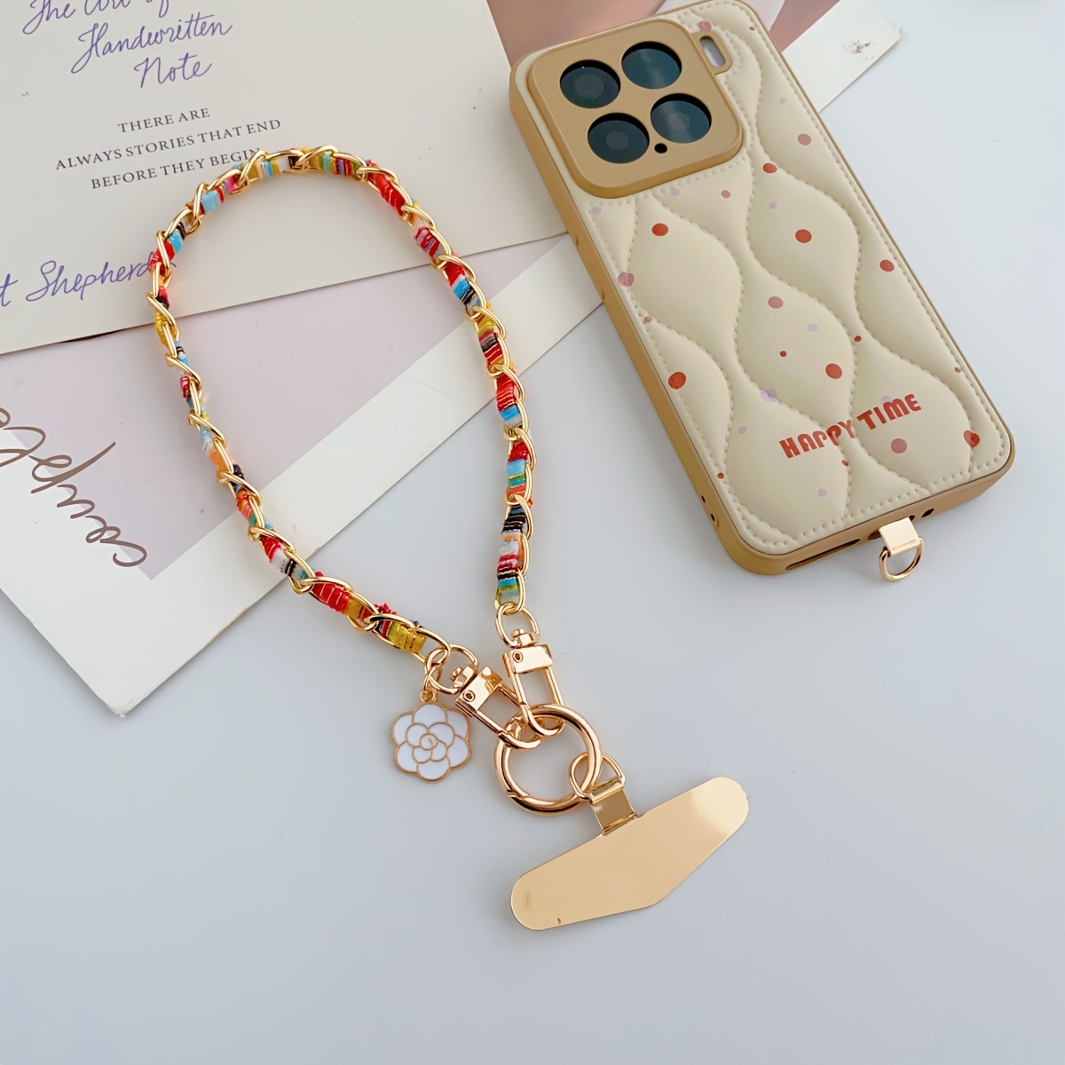 Image of Short Velvet Chain Phone Strap With A Stylish Camellia Pendant And Metal Spacer, A Gift For A Friend