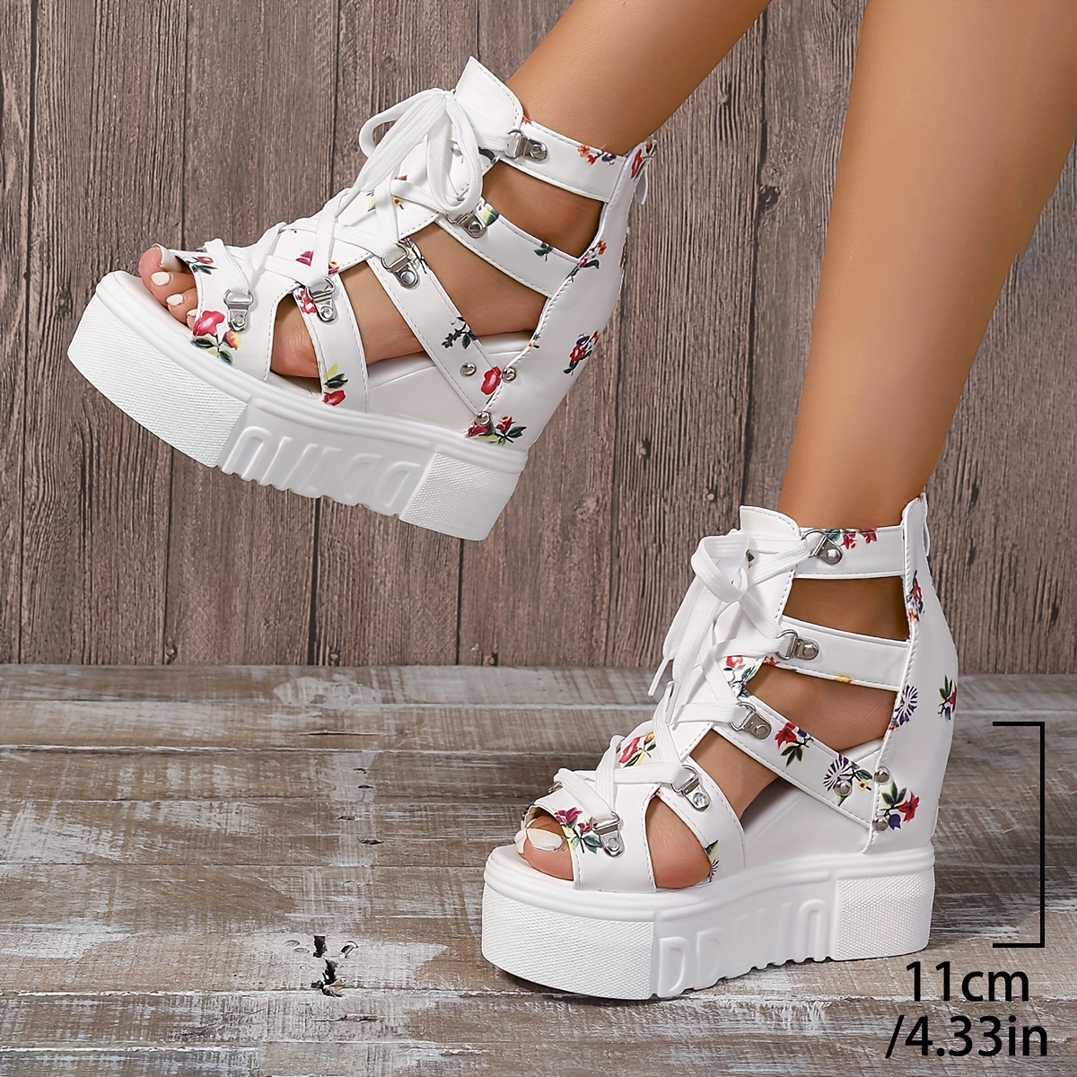 womens floral vintage sandals back zipper platform hollow lace up shoes summer breathable wedge holiday shoes details 2