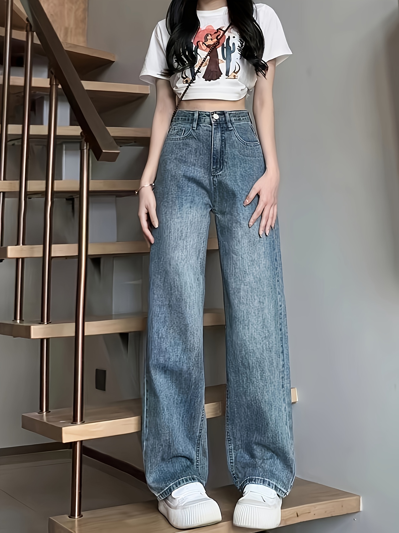high waisted vintage blue wide leg denim jeans women korean Temu