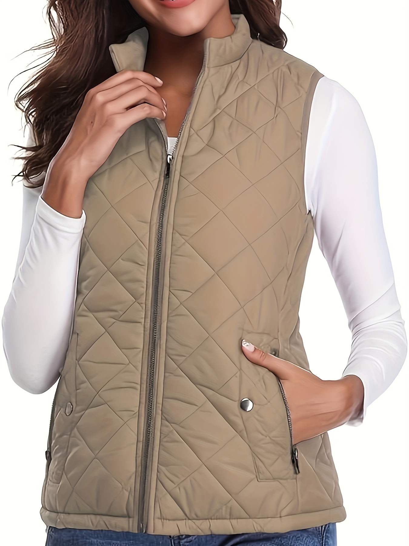 Lianlive Womens Cropped Puffer Vest Brown Black Sleeveless Crop Puffy Gilet (Khaki-XS