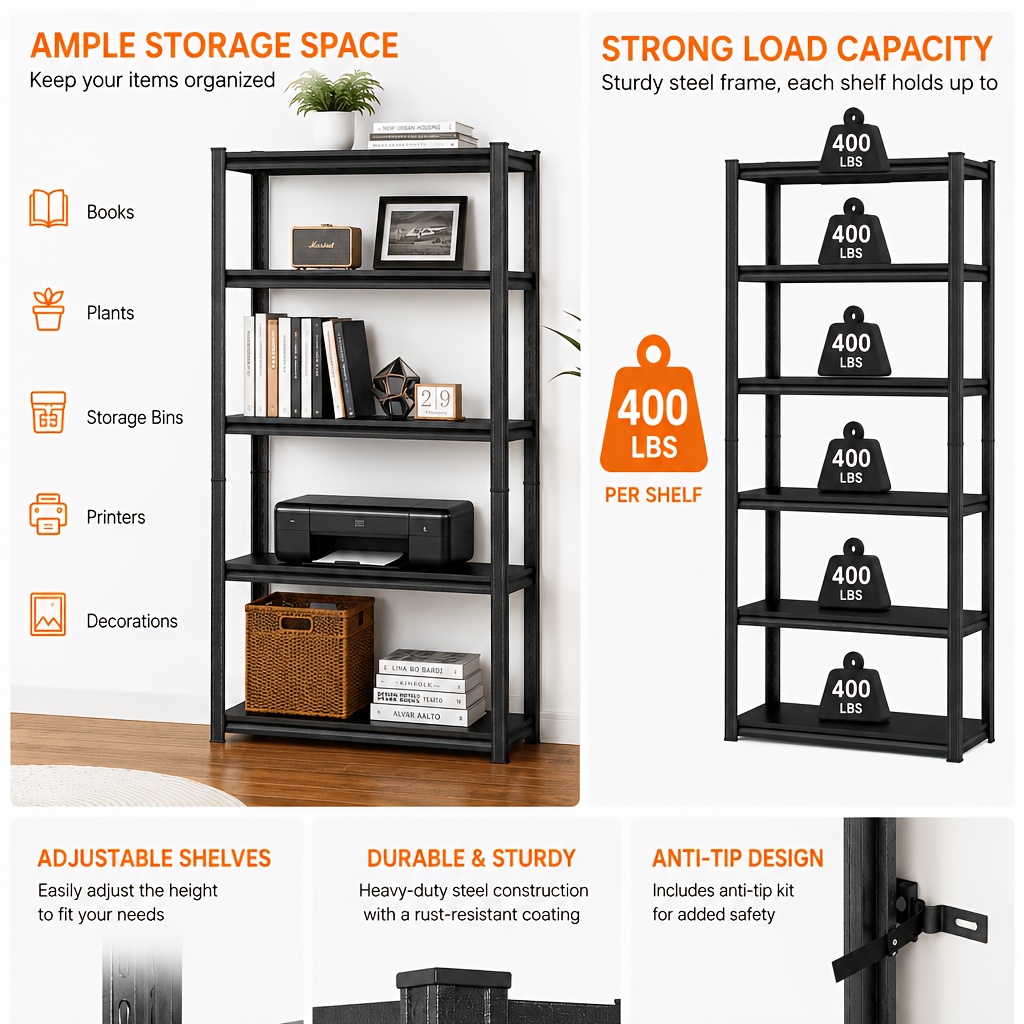 72''H 5-Tier Metal Bookshelf, Freestanding Heavy Duty Storage Shelving Unit, Industrial Metal Frame Book Organizer Rack, Display Shelf for Home Office Bedroom Living Room Kitchen Garage Corner Organization