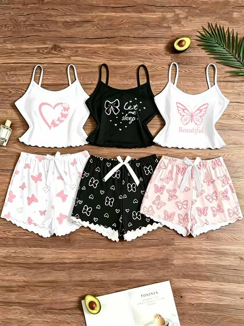3pcs cartoon print cami and shorts pajama set casual summer outfit
