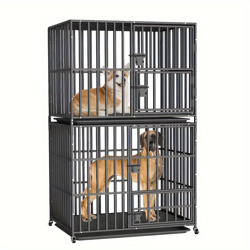 Wisfor Stackable And Removable Double Layer Metal Dog Cage, Dog Crate With Removable Tray And Wheels, Easy To Move, Double Locks, Thick Material, For Medium And Large Dogs