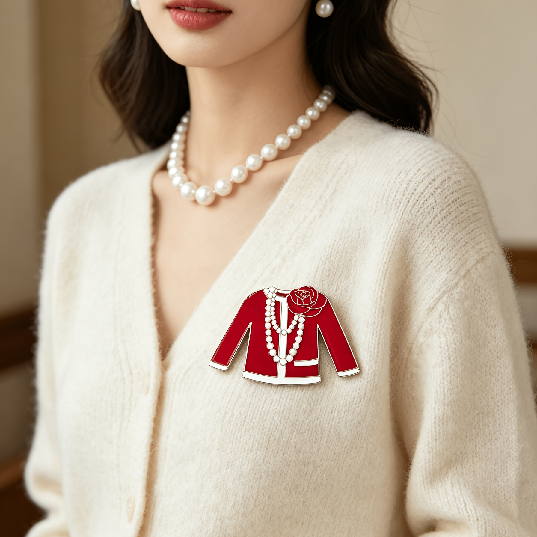TEMU 1pc - Red Small Shawl-style Brooch - Camellia Chain Metal Pin - Luxury Retro Accessory For Women's Coats - Exquisite Decorative Badge For A