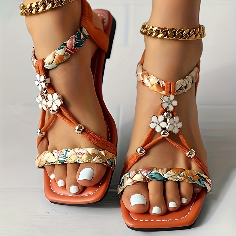 TEMU 2025 Summer New Women's Beads Boho Style Woven Beach Sandals Vacation Casual Flat Flower Decorative Sandals, Comfortable And Versatile Women's Shoes