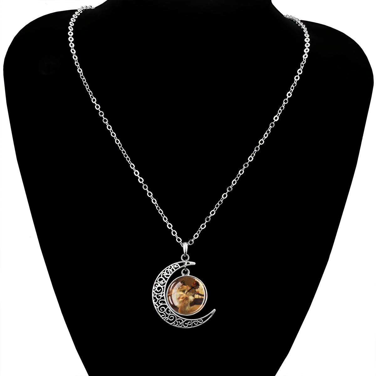 Hollow Out Crescent Moon Pendant Necklace with Filigree Design