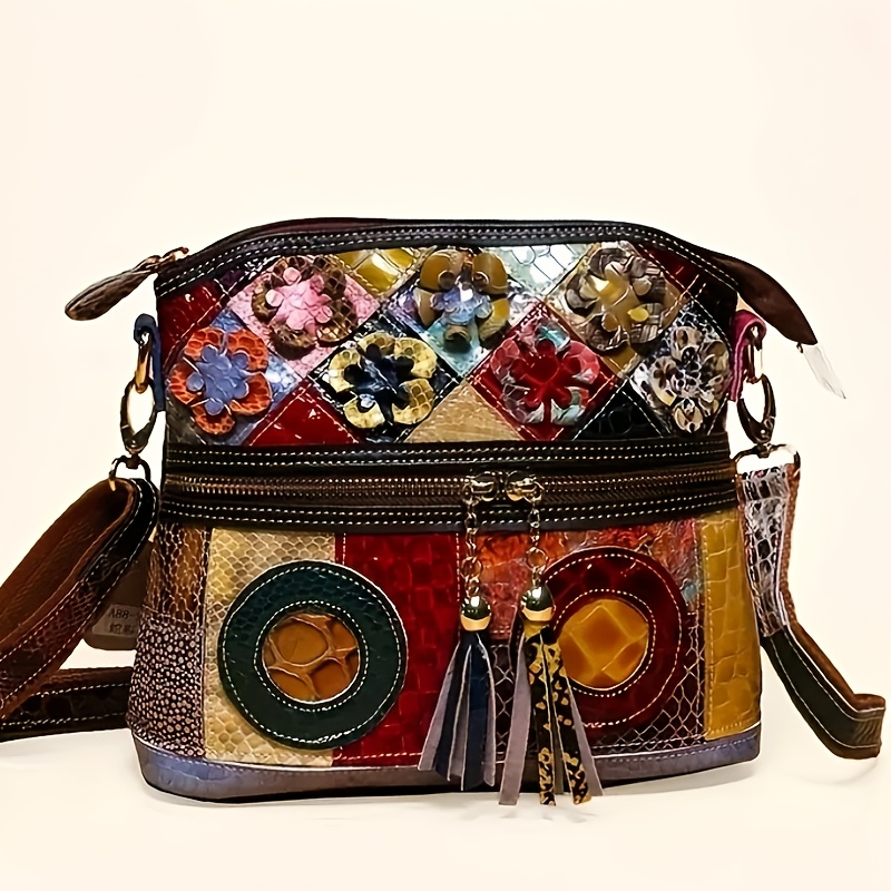 

Women's Leather Shoulder Bag With Tassel, Retro Genuine Cowhide Splicing, Diy Design, Random Color, Head Layer, Patchwork