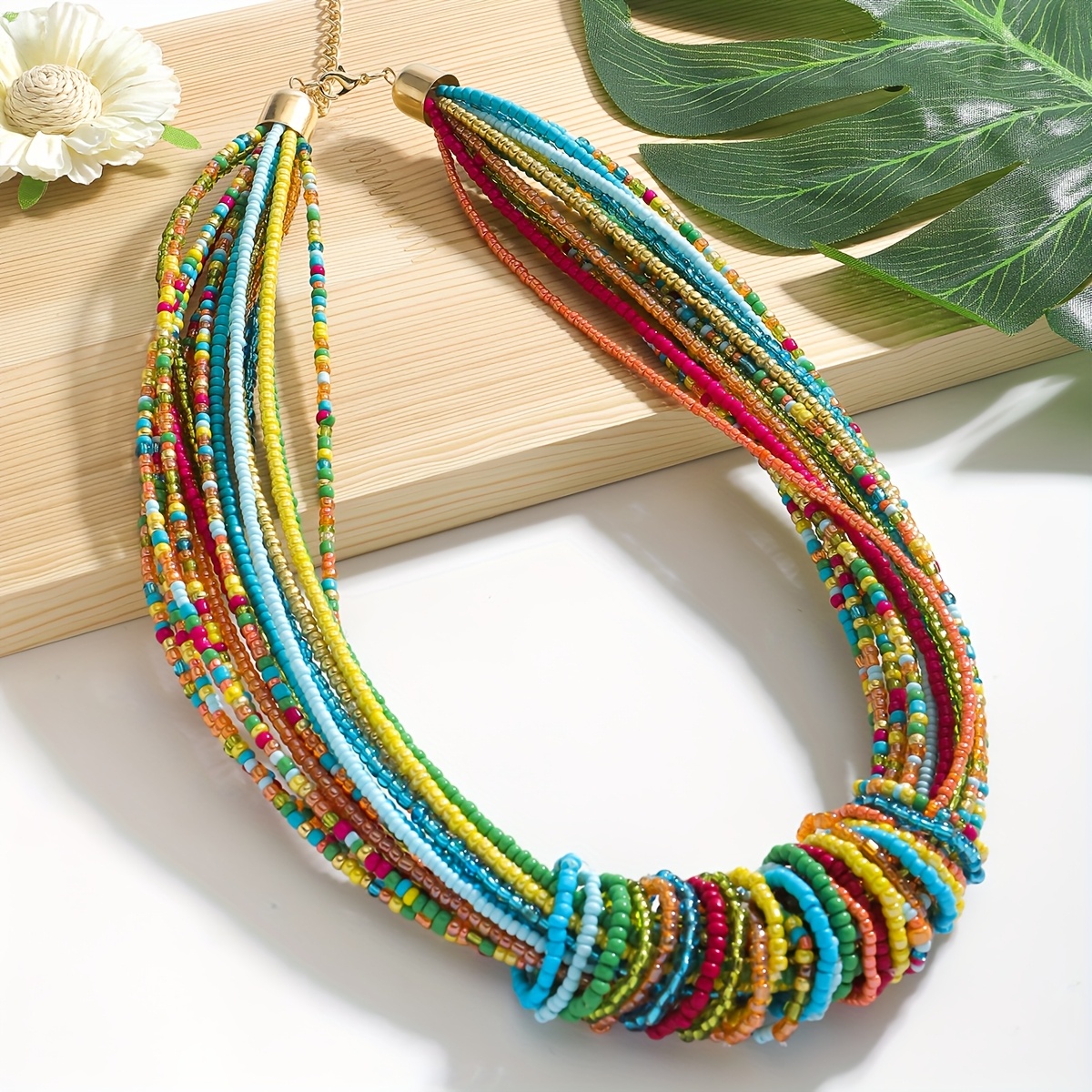 Image of Women's Bohemian Hand- Beaded Necklace - Layered Choker With Beads, Suitable For Vacation, Casual Attire, Layering For , Accessory