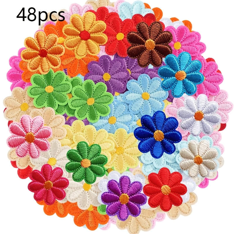 TEMU 48pcs Colorful Daisy Embroidery Fabric Patch Set, Suitable For Ironing Or Sewing, Decorating Clothes, Hats, Jackets, Jeans, T-shirts, Backpacks,