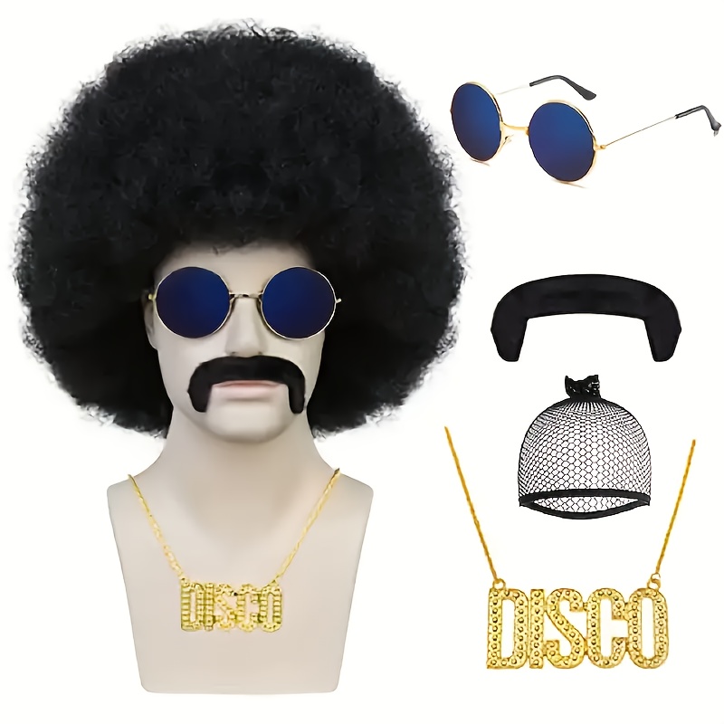 

5pcs Retro Disco Costume Set With Afro Puff Wig, Blue Round Fashion Glasses, Mustache, Fur Collar & "disco" - High-temperature Silk, Punk Rock Style For Halloween & Cosplay, Halloween Costumes