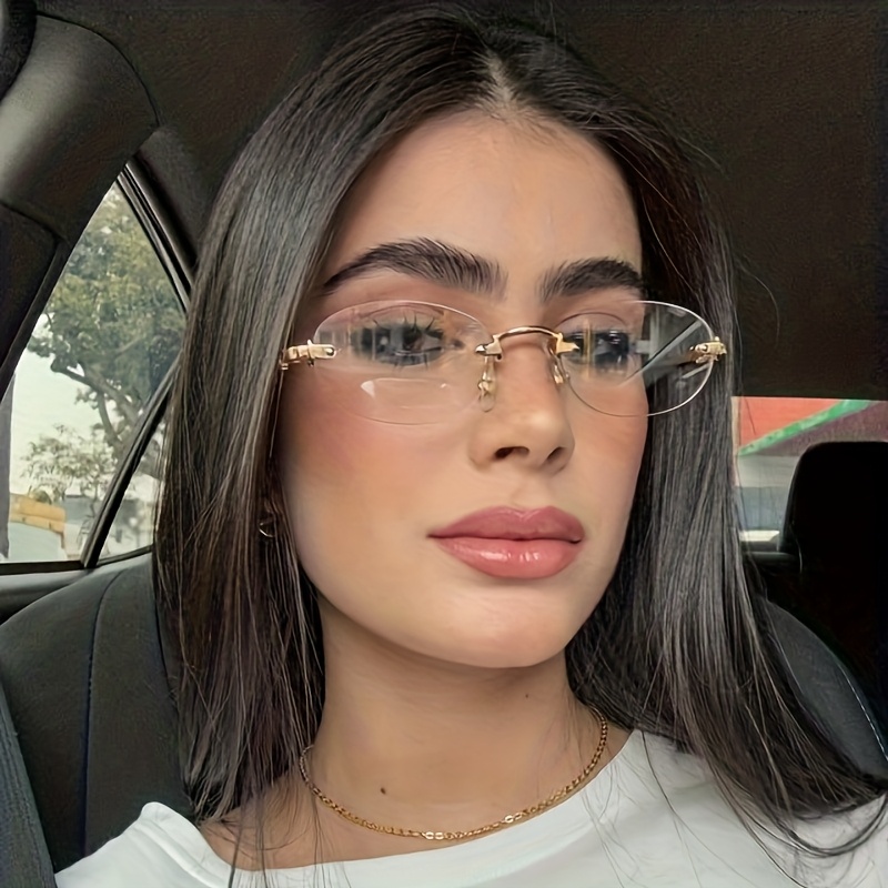 1pc Frameless Oval Fashion Glasses With Metal Letter Accents, Vintage Style, Versatile And Elegant Women's Fashion Eyewear, Suitable For Daily Wear, Street Photography, And Back-to-school Accessories