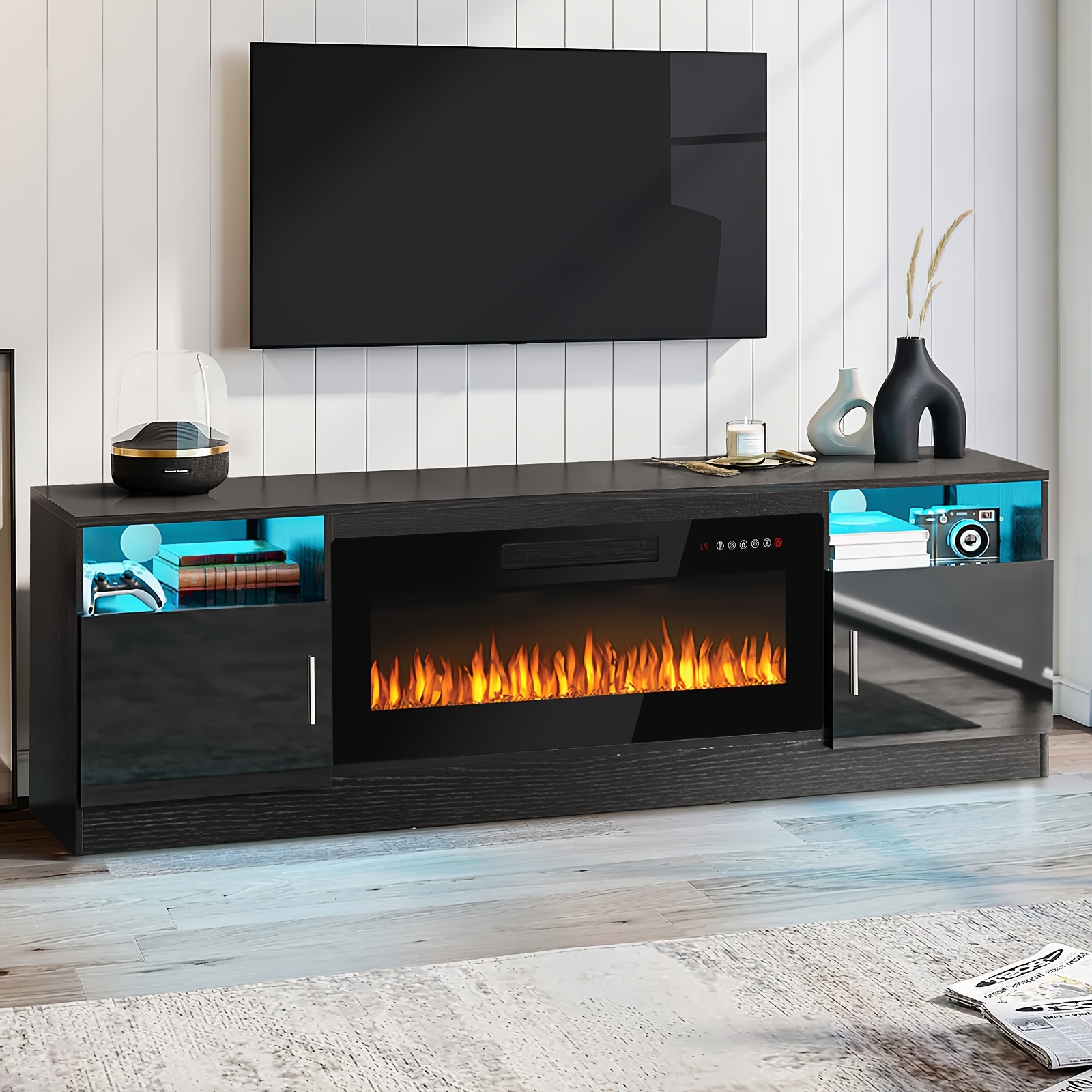 

Ofika 70" Fireplace Tv Stand - To 80" Tvs, Includes 36" Electric Fireplace & Led Lighting, Entertainment Center With Storage