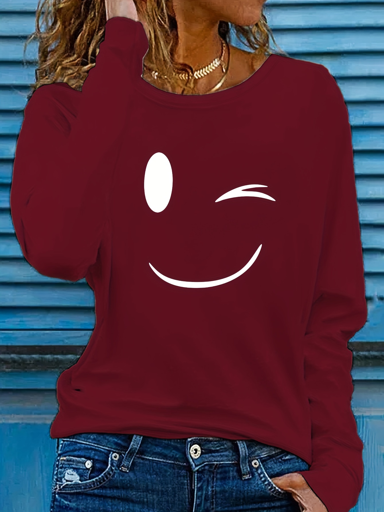Women's Casual Long Sleeve Crew Neck Graphic Print T-Shirt - Playful joyful Face Design, Slim Fit, Soft Breathable Fabric for Spring & Fall, Versatile Everyday Top, Ladies T Shirts, Wink Motif Apparel, Highquality